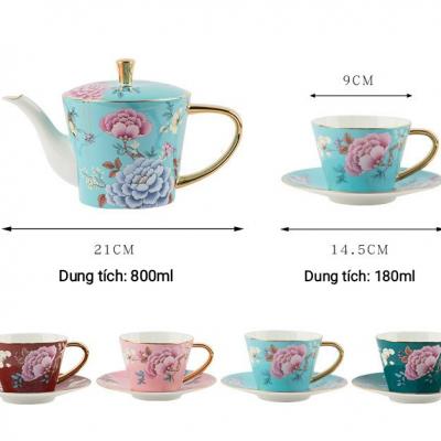 Bộ ấm chén hoa mẫu đơn viền vàng - phong cách châu âu